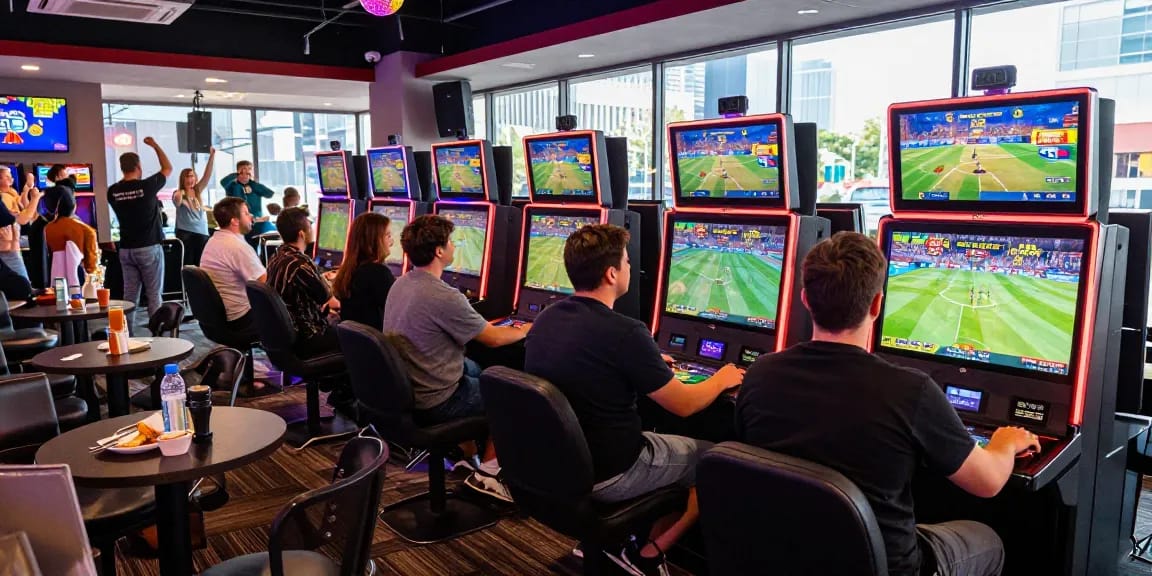 OPEN 88 betting scene with players engaged in live sports events and modern gaming kiosks in a vibrant atmosphere.