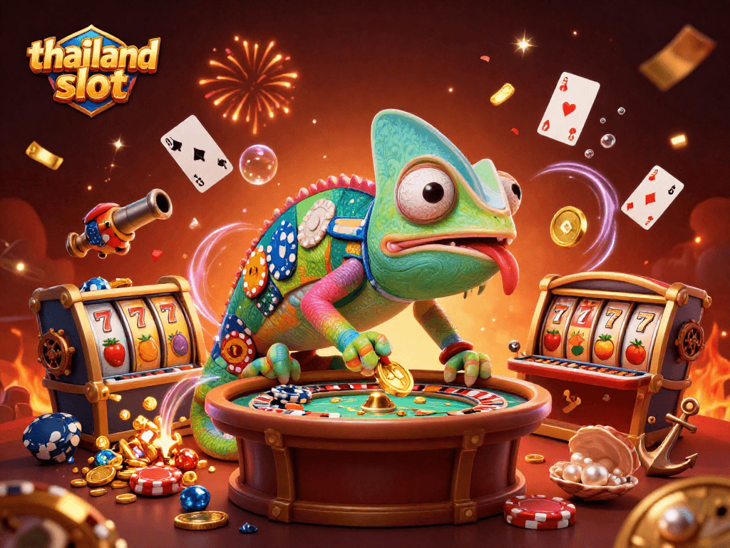 Engage in thrilling thailand slot games with vibrant 3D chameleon characters and colorful casino elements.