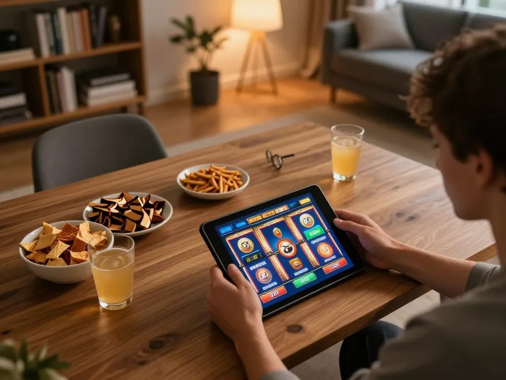 Person enjoying link slot gaming on a tablet in a cozy home setup with snacks