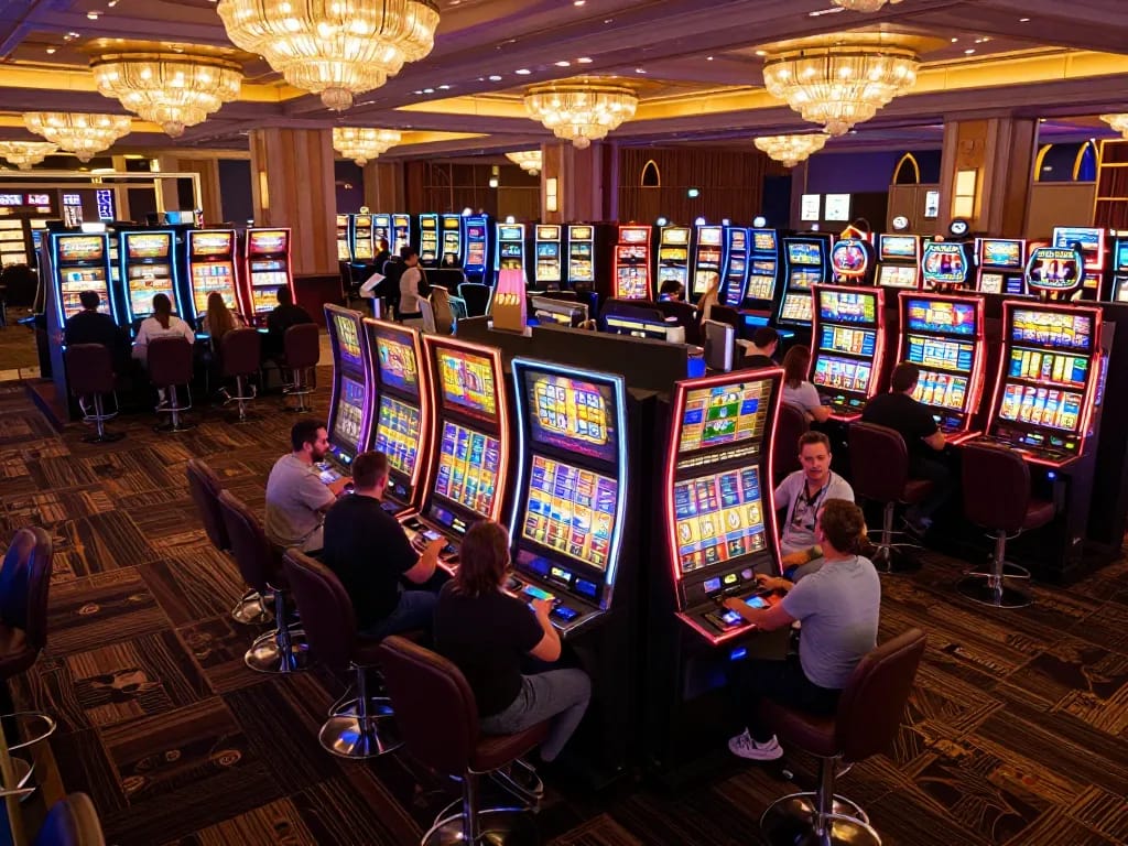 Engaging gameplay at kdslot77 with players celebrating wins on colorful slot machines