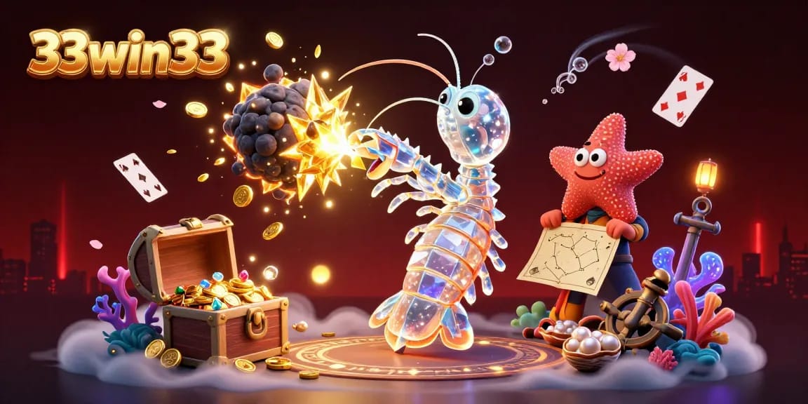 Experience thrilling action with 33win33 in a vibrant underwater casino scene featuring a galactic samurai mantis shrimp.