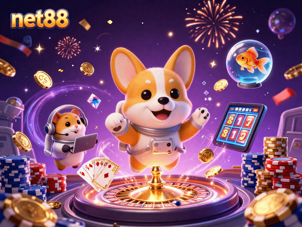 Experience the excitement of net88 with a playful astronaut corgi in a vibrant casino scene.