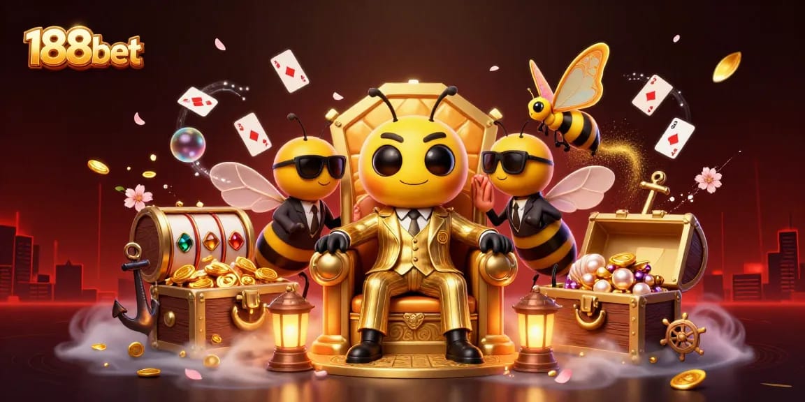 Join the excitement at 188bet with this vibrant casino scene full of slot machines and treasures.