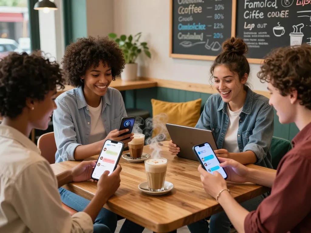 Engaged young adults enjoying 18+ AI interactions on smartphones in a cozy café.