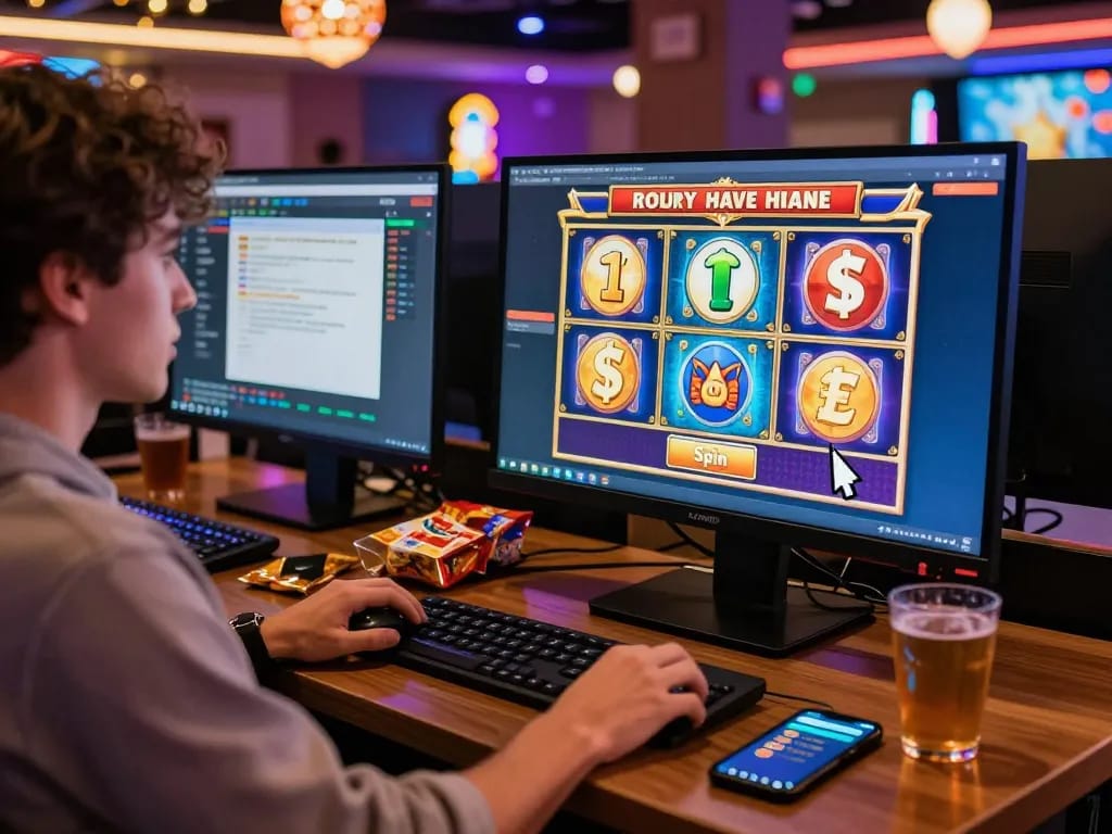 Experience the excitement of slot gacor hari ini in a vibrant online casino setup with a player immersed in colorful games and engaging atmosphere.