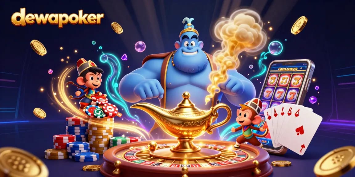 Experience exciting wins at dewapoker with this dynamic illustration showcasing poker chips and golden prizes.