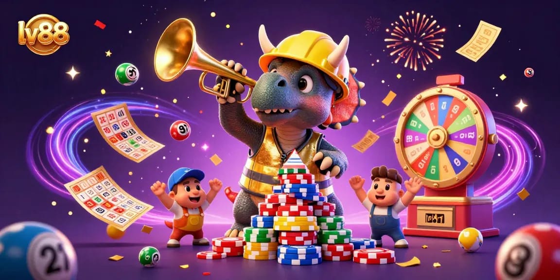 lv88 animated triceratops and parasaurolophus celebrate amid dynamic gaming elements in a vibrant casino scene