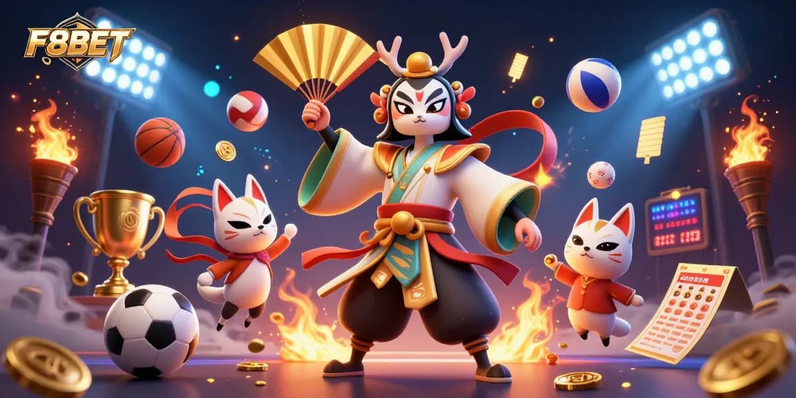F8BET gameplay featuring vibrant sports balls and a kabuki warrior for immersive betting thrills