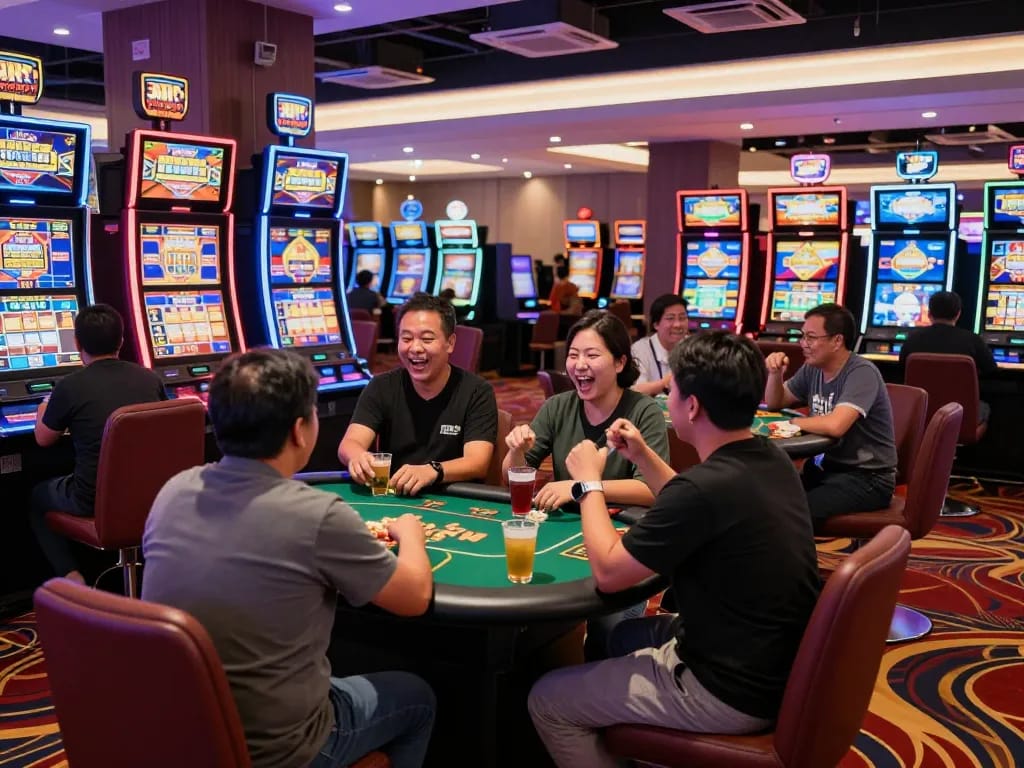 Pemain yang bersemangat menikmati slot gacor hari ini dalam suasana kasino yang hidup.