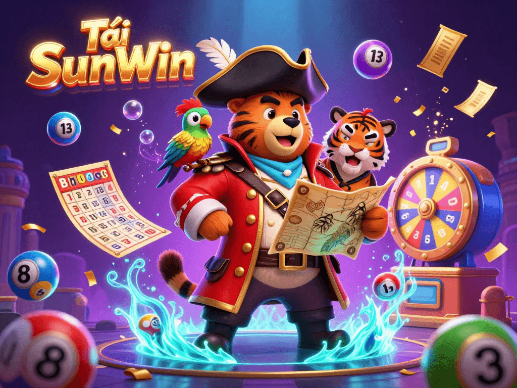 Tải SunWin showcases an energetic scene with a pirate bear, tiger, and golden parrot themed around lottery games.