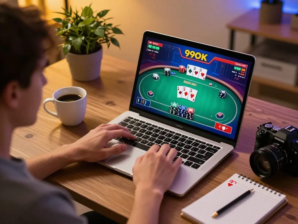 Player engaging with 99OK online poker game, showcasing strategic gameplay in a cozy home office.
