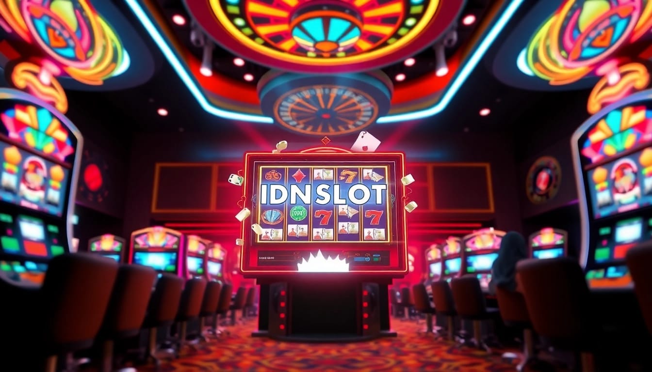 IDNSLOT slot machine winning moment with casino chips and a roulette wheel.