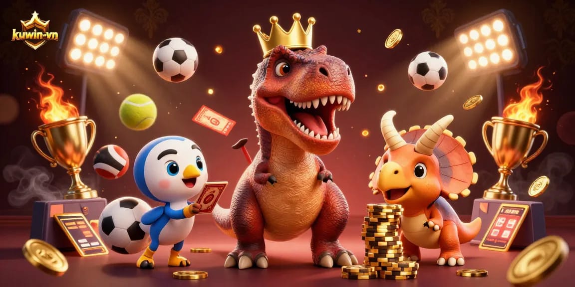 Kuwin-vn features a playful scene with characters engaging in exciting casino activities and sports betting.