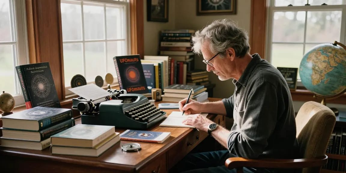 T Allen Greenfield writing in his library about UFOnauts at https://tallengreenfield.com, surrounded by spiritual books and decor.