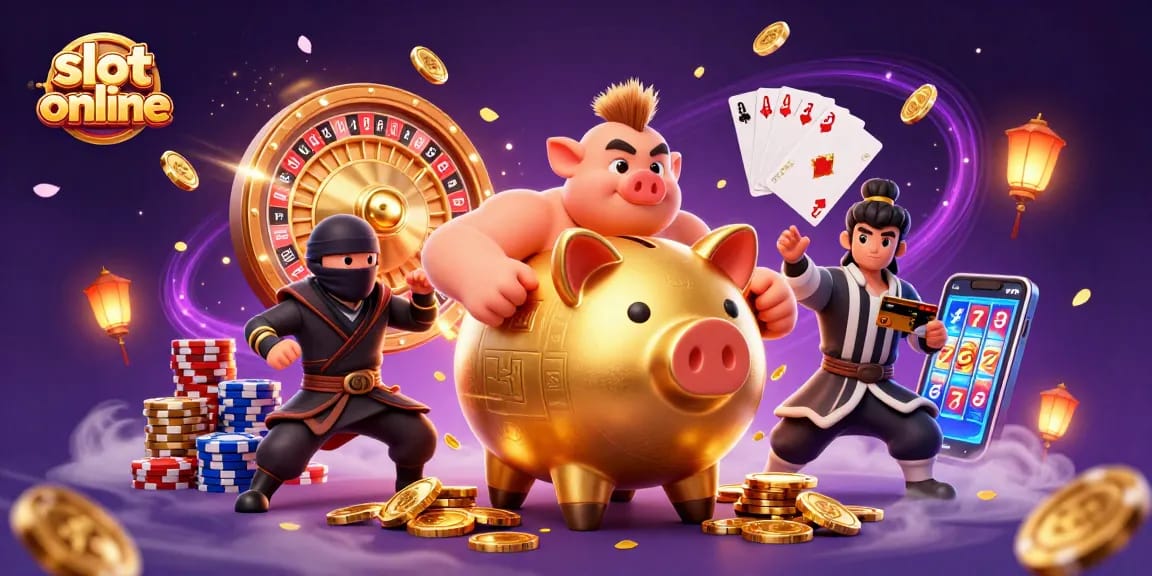 Spin and win at slot online with a dynamic 3D scene featuring a golden piggy bank and casino elements.