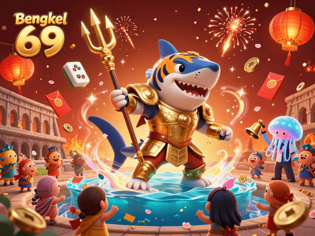 Bengkel 69 showcases a vibrant underwater colosseum scene with a tiger shark and celebratory casino elements.