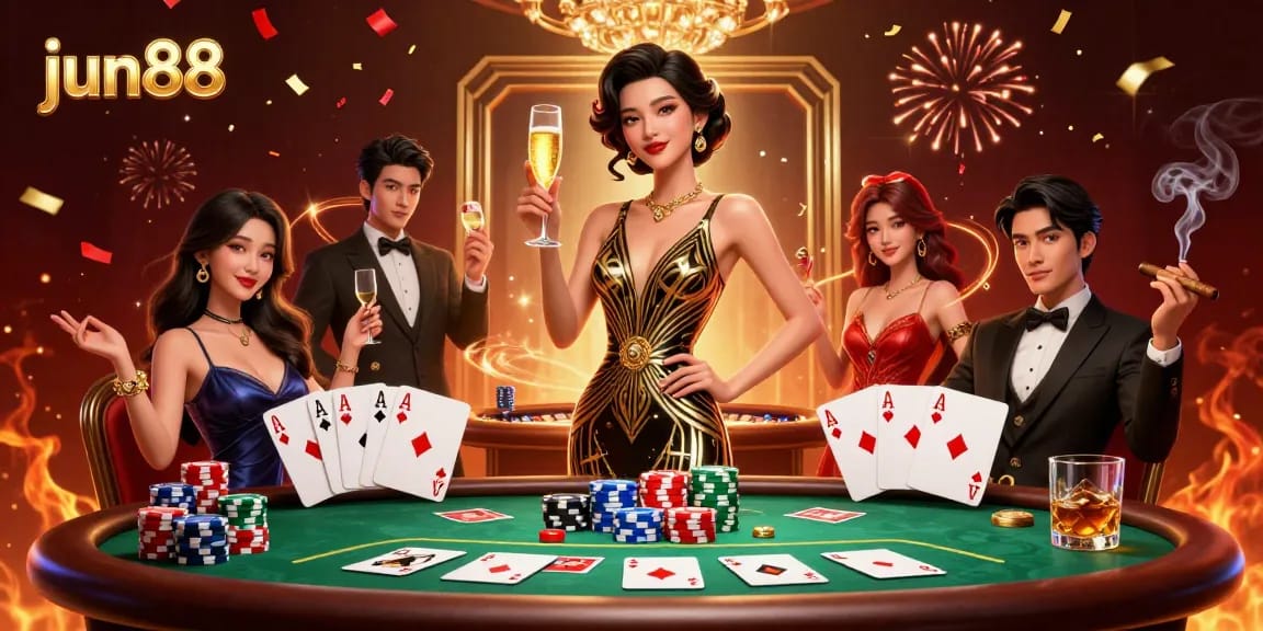 Experience thrilling gameplay at jun88 with elegant gaming decor, poker chips, and vibrant atmosphere.