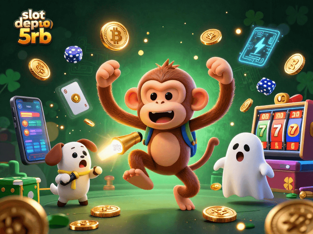 Experience thrilling action in a haunted casino with slot depo 5rb, featuring a playful poltergeist monkey and a curious ghost-hunter puppy.