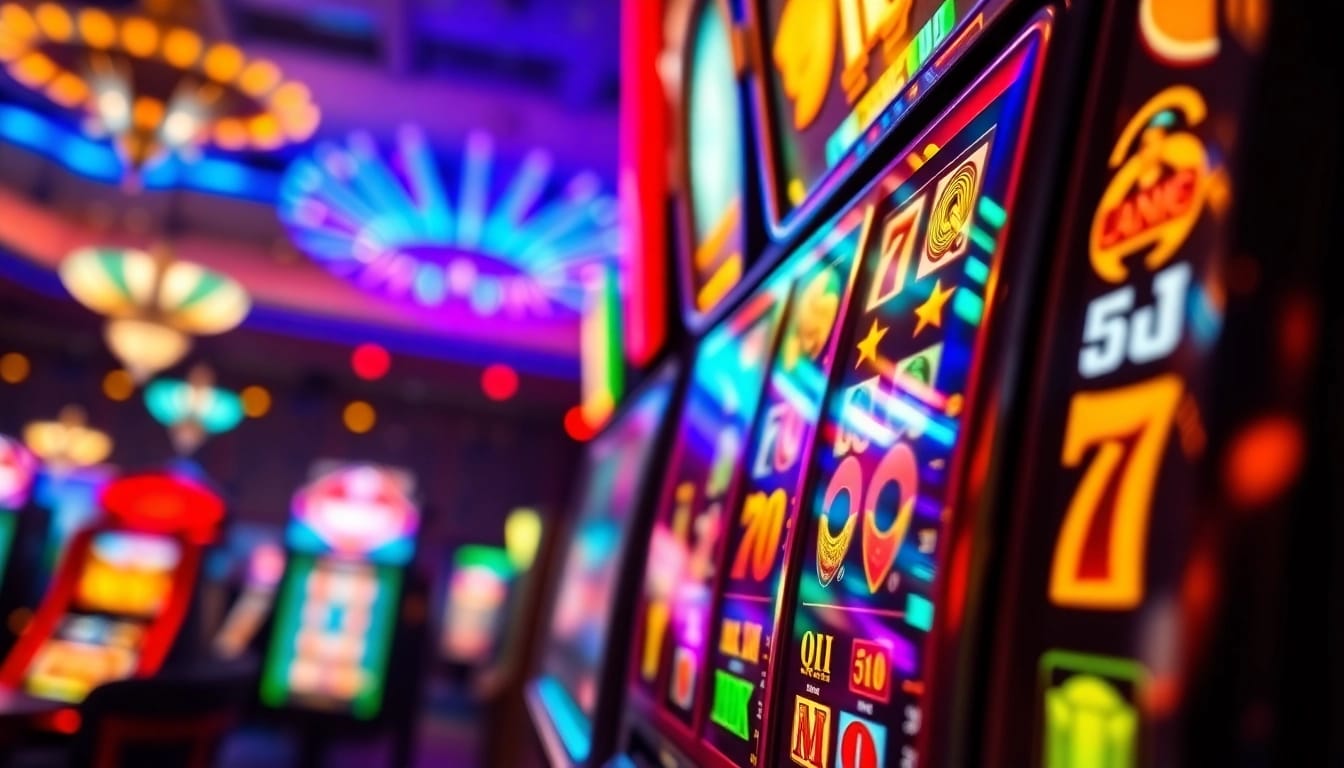 Slot gacor yang menonjol dengan simbol kemenangan dalam suasana kasino yang ramai.