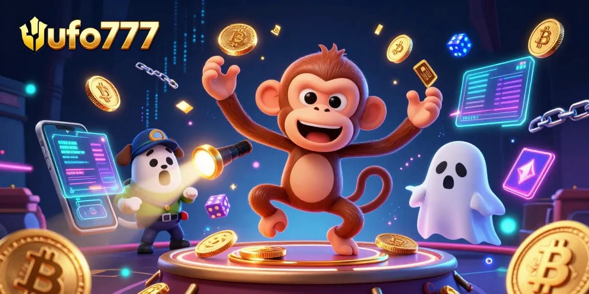 Experience thrilling adventures with ufo777 in a haunted casino scene featuring playful characters and crypto coins.