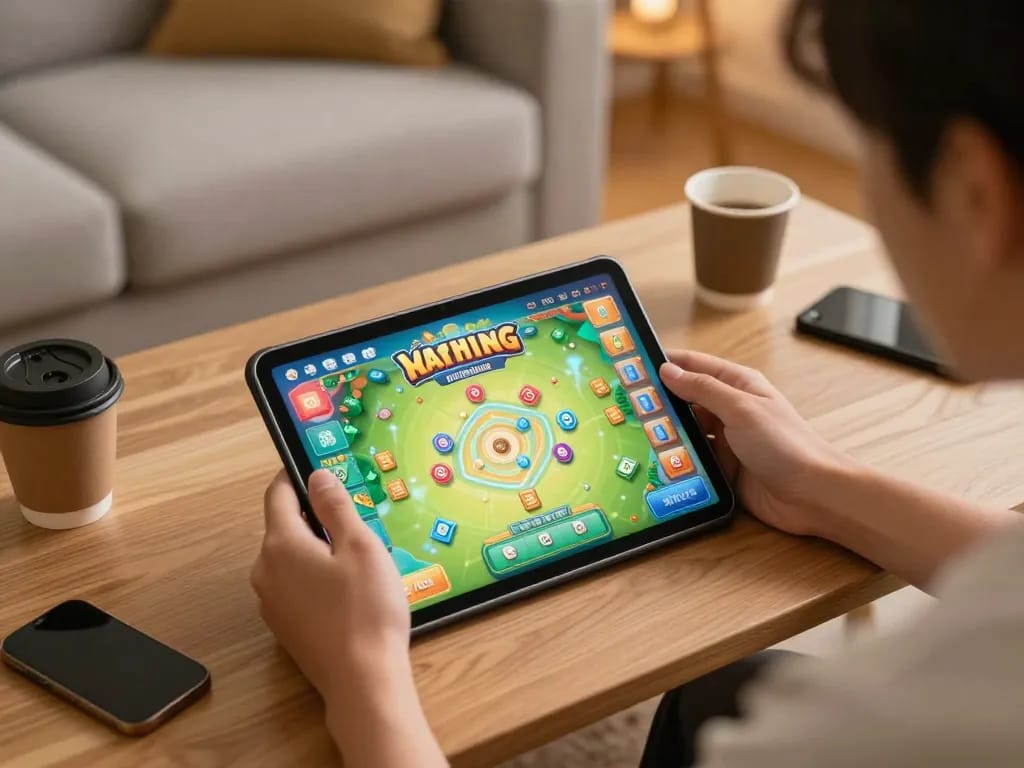 Engaging moment playing Tempo 123 Mahjong Ways online slots on a tablet in a cozy living room.
