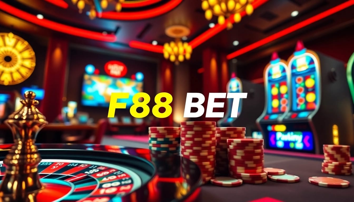 Engage in thrilling gameplay at F88BET with an elegant online casino setup featuring roulette and poker chips.