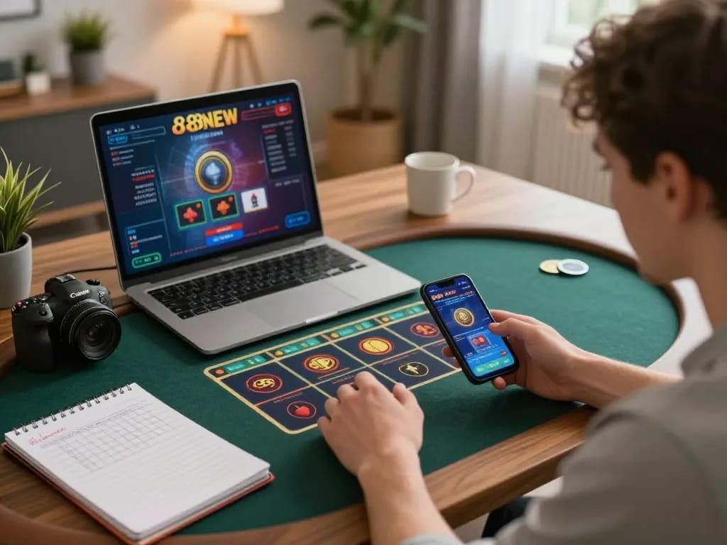 888NEW user engaging in online casino gameplay on a smartphone in a cozy setting