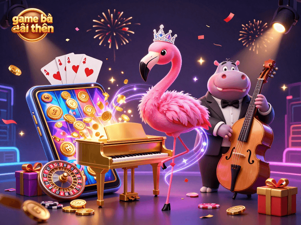 Engage with exciting game bài đổi thưởng through a vibrant illustration showcasing slot games and charismatic characters.