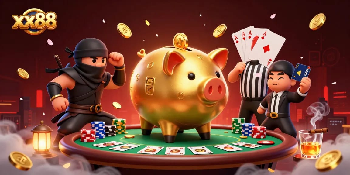 Engage in poker action with xx88 featuring a dynamic piggy bank sumo wrestler amidst colorful casino elements.