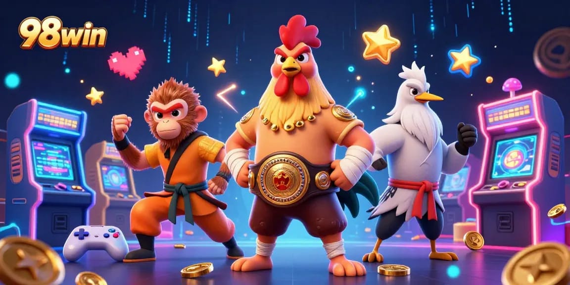 Engage in vibrant gaming action with 98win's fierce characters and dynamic casino elements.