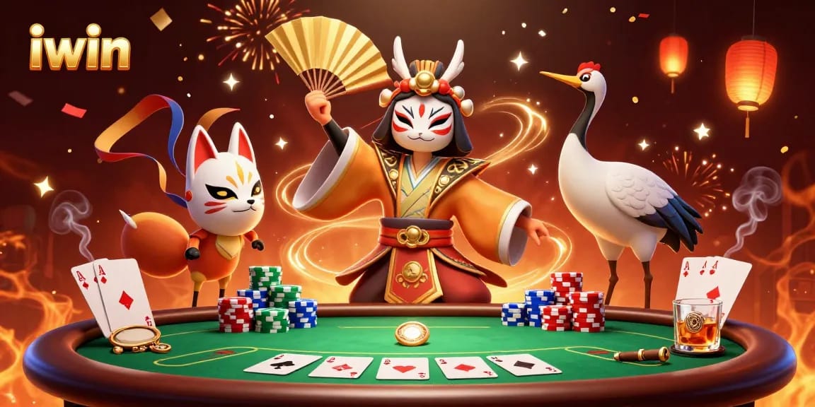 iwin players enjoy vibrant poker action with a kabuki warrior and kitsune mask, creating excitement.