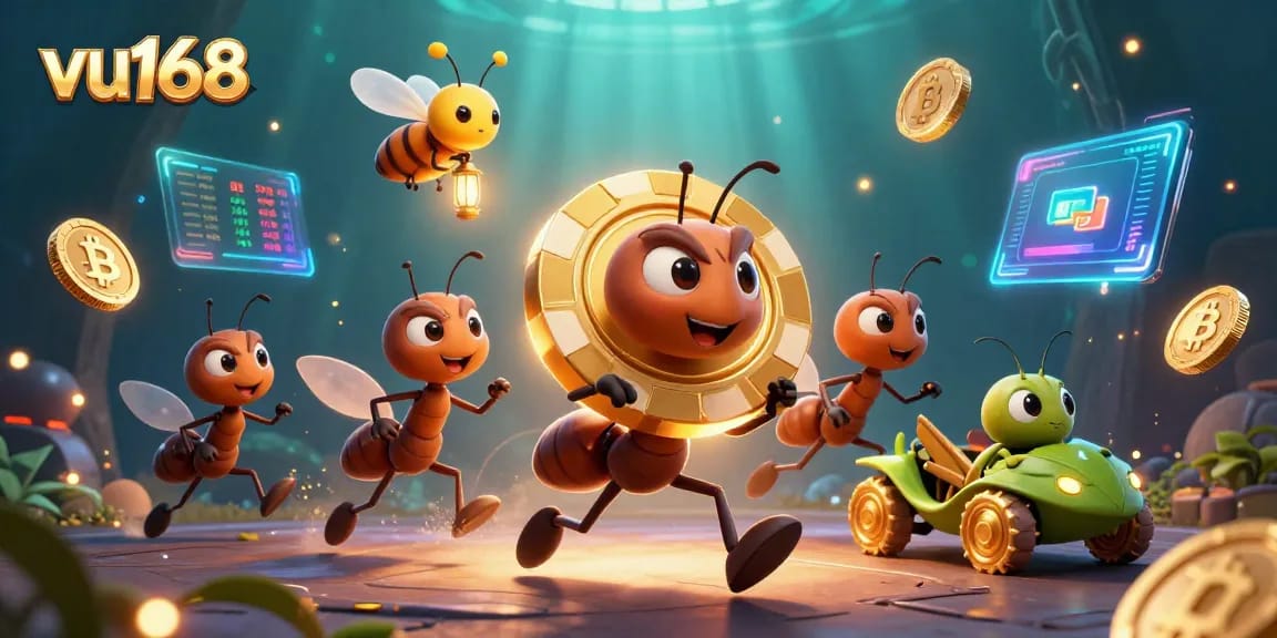 Experience the excitement of online gambling with vu168 as cartoon ants plot a heist for a massive poker chip.