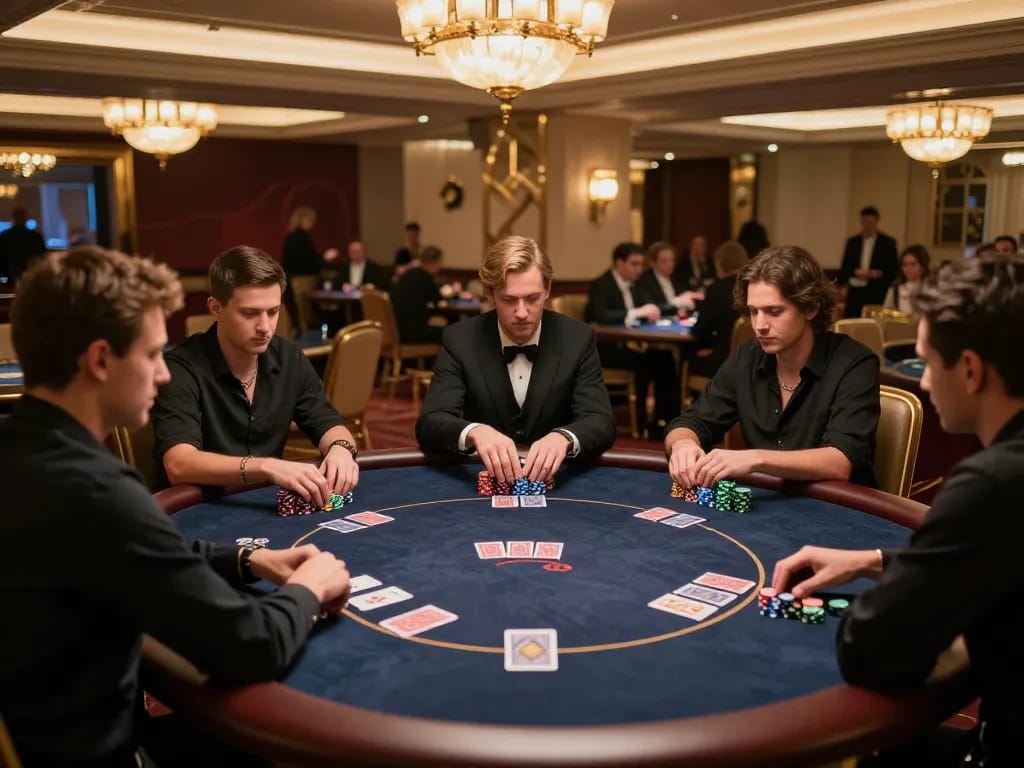 Pemain yang terlibat merumuskan strategi dalam permainan poker taruhan tinggi di kasino ggdewa777