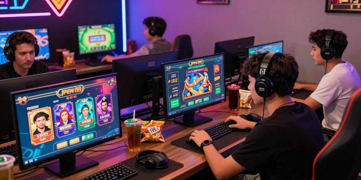 Gamers enjoying diverse games on the Open 88 platform in a vibrant lounge setting.