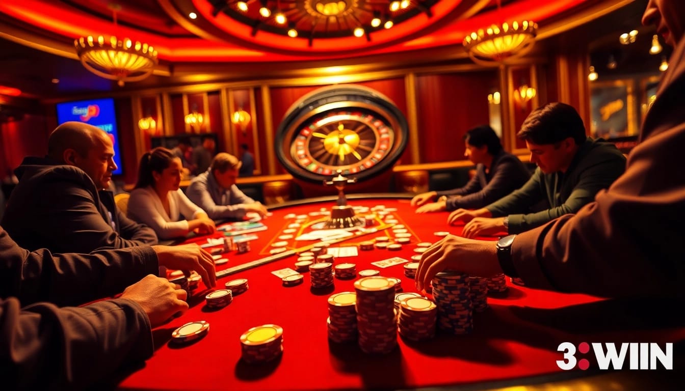 Exciting poker action at the 33WIN casino with vibrant chips and cards.