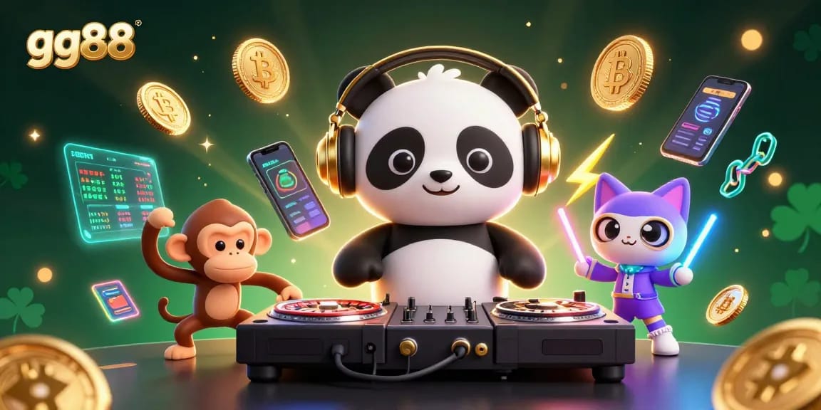 Spin and win with gg88 at this dynamic casino scene featuring a DJ panda and vibrant characters.