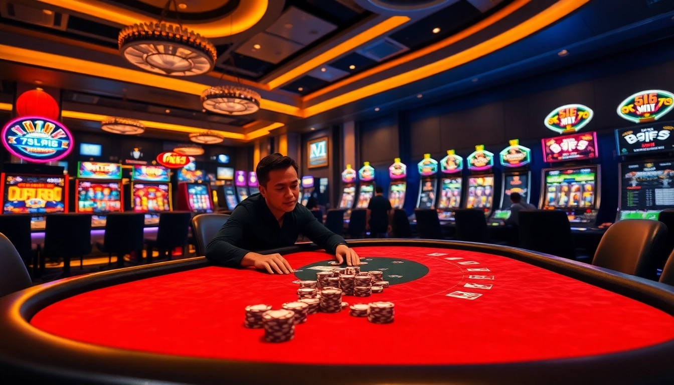 Experience the thrill of gaming at 789club with a stylish casino poker table and vibrant slot machines.