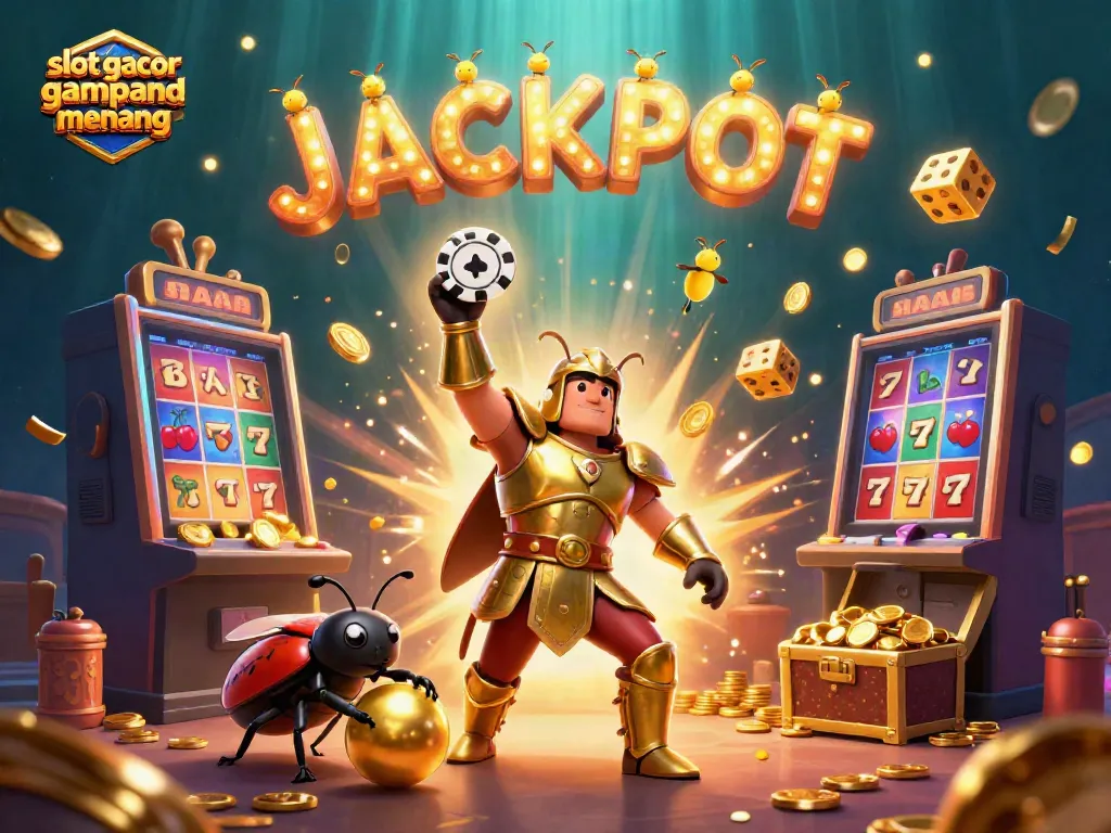 Engage with slot gacor gampang menang illustrated by a heroic beetle and dynamic casino symbols.