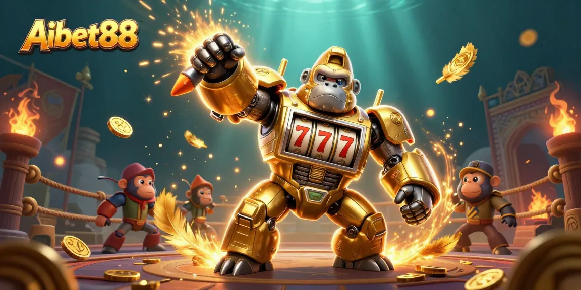 Aibet88 showcases an epic battle scene featuring a golden gorilla mech, slot machines, and vibrant casino elements.