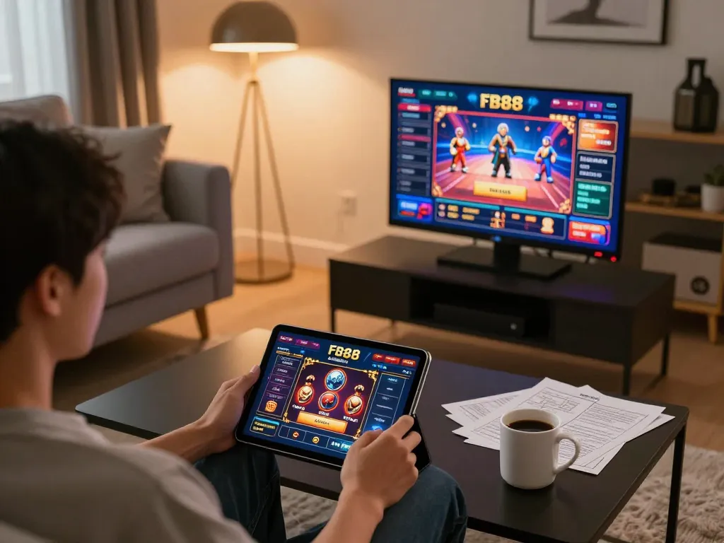 Player engaging with Link FB88 on their tablet in a cozy home gaming environment with strategy notes.