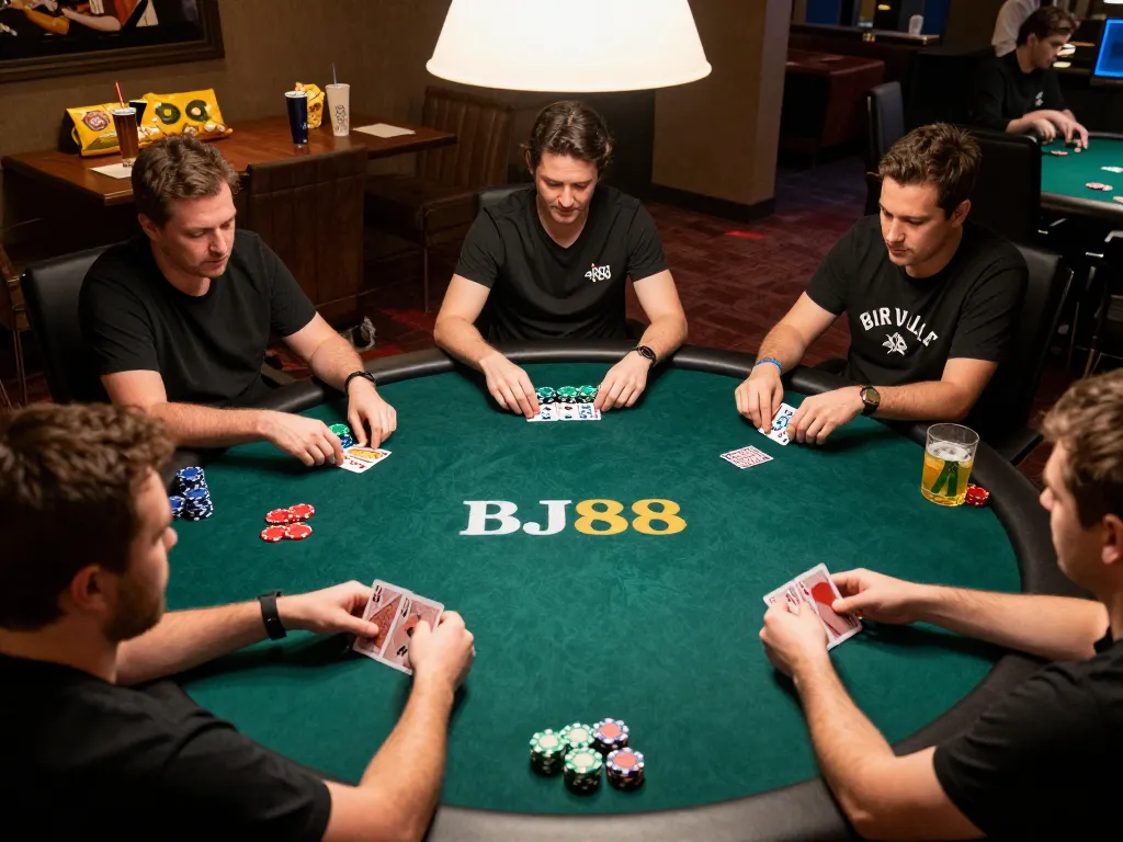 BJ88 players engaging in a friendly poker game, showcasing dynamic table action and strategic gameplay moments.