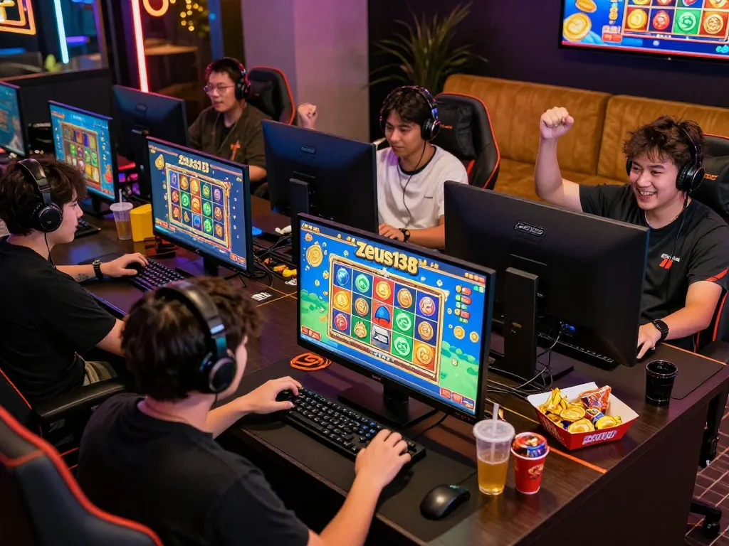 Exciting Zeus138 online gaming scene with enthusiastic players engaging in vibrant multiplayer slot games.