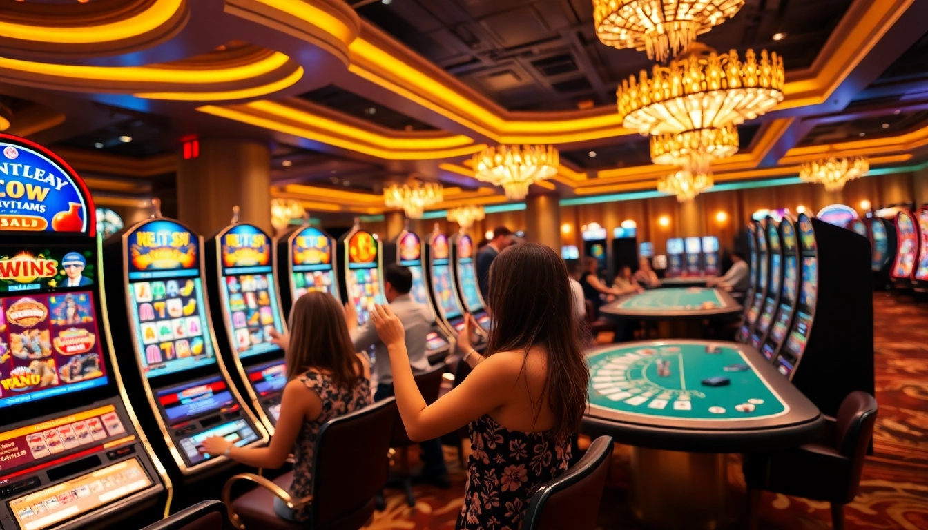 Players enjoying the excitement of slot machines at 7hh online casino.