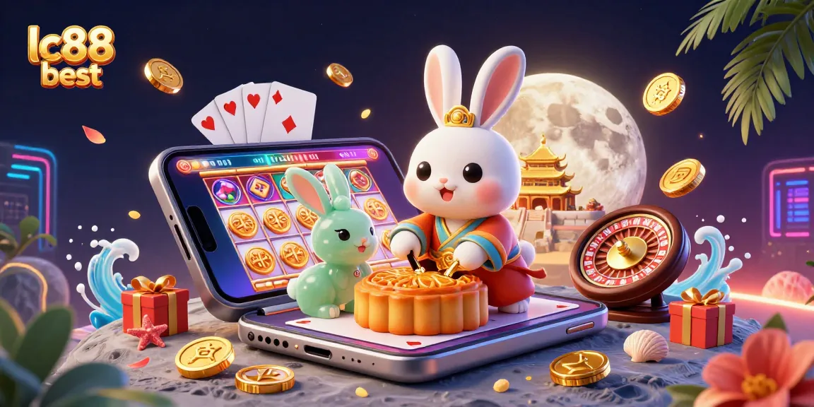 Experience the thrill at lc88 best with a vibrant 3D depiction of moon rabbits revealing poker chips and slot games.