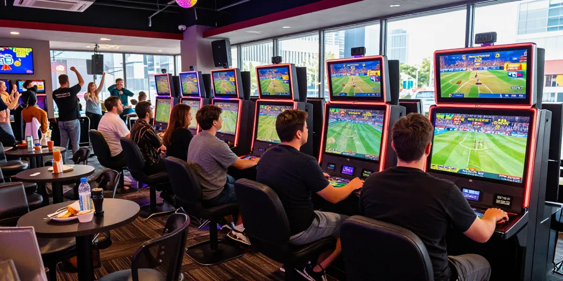 OPEN 88 betting scene with players engaged in live sports events and modern gaming kiosks in a vibrant atmosphere.
