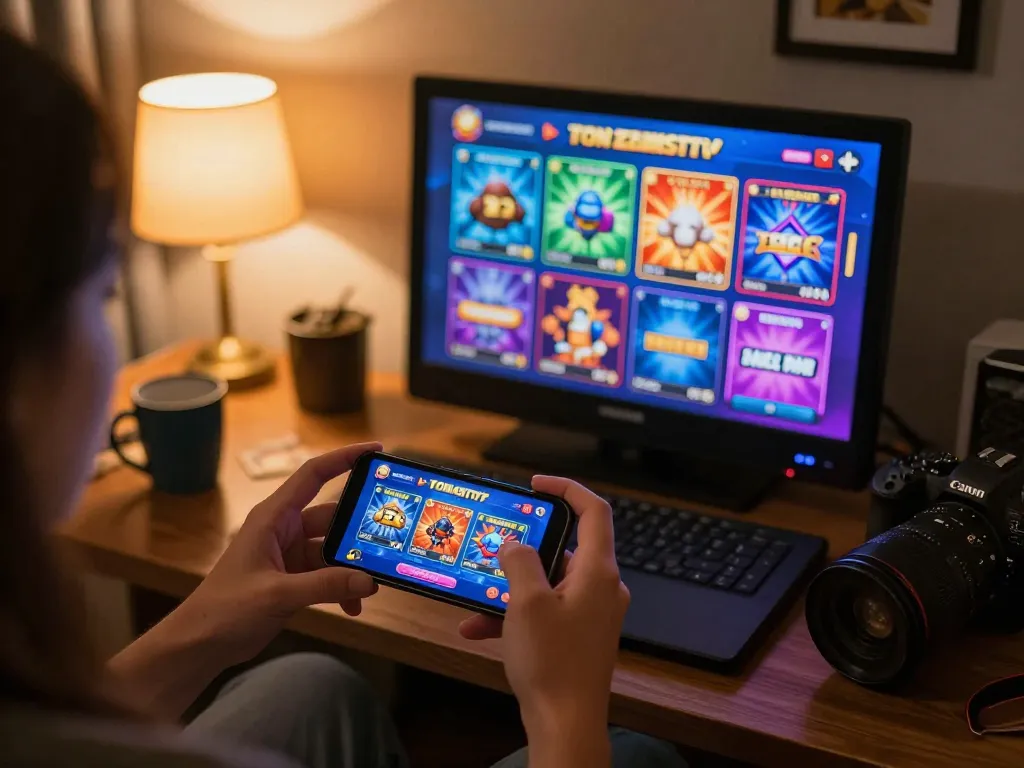 Player engaged in non gamstop mobile casino gaming on smartphone, showcasing vibrant game interface with cozy setting.