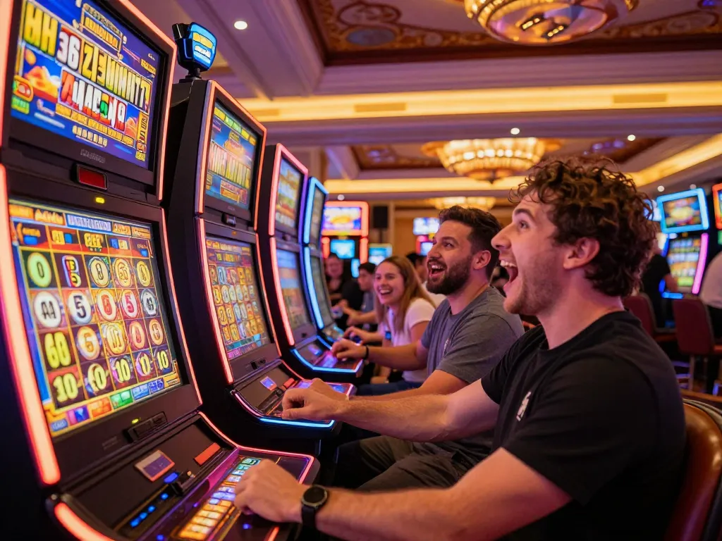 NAGA2000 player celebrating a massive win at vibrant slot machines in a luxurious casino setting.