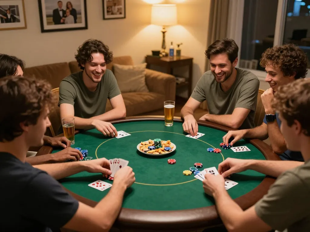Engaging poker night in a friendly setting showcasing nhà cái 388bet atmosphere with chips and cards.