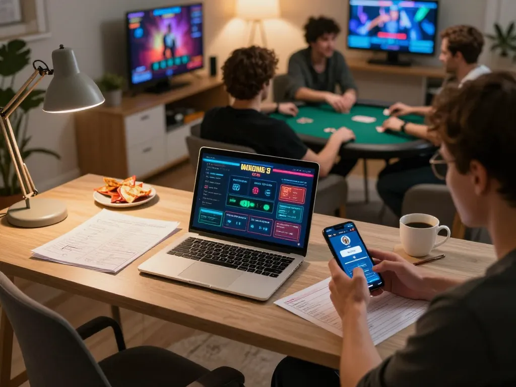 Go8 player engaged in online gaming strategy with laptop and mobile device in cozy home office