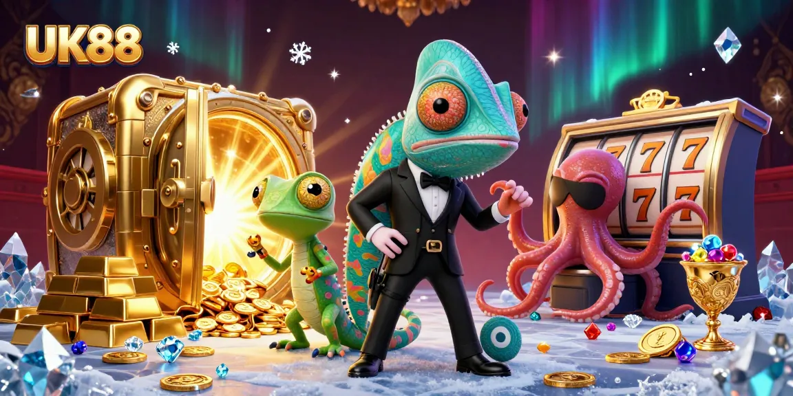 Experience the thrill of UK88 with casino characters amidst golden treasures in an action-packed illustration.